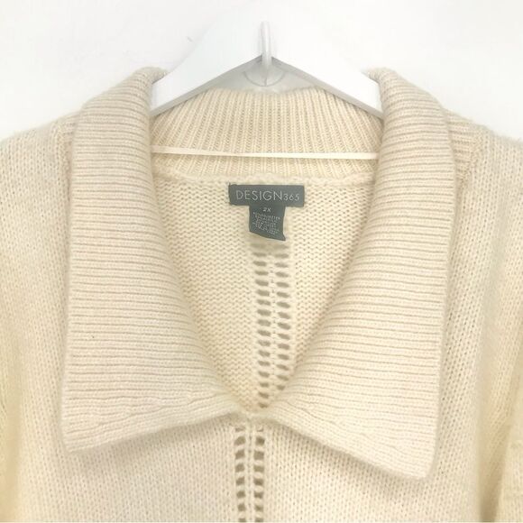 Design 365 Cream Cozy Puff Sleeve Collared Pullover Thick Knit Sweater - Picture 4 of 16